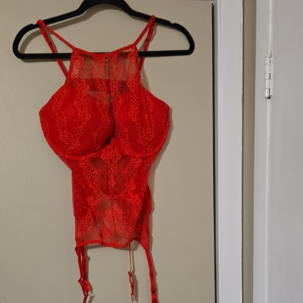Adore Me Vibrant Red Lace Lingerie with Garters Size XL